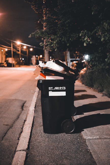 A black wheelie bin positioned on a quiet urban street at night, with the label 'St. John's' in white lettering. The bin lid is open, revealing scattered waste materials, including cardboard boxes and plastic packaging. The bin is placed on the pavement close to the curb, casting a long shadow due to nearby streetlights. Surrounding the scene are trees and foliage on the right side, with a row of illuminated streetlights and parked cars visible in the background. The environment suggests an area where private or independent rubbish disposal may be necessary, potentially handled by waste collection services such as House Clearance Stockwell, rather than local authority recycling. The overall scene highlights typical waste management activities involving the collection and temporary storage of household refuse in an urban setting, emphasizing the importance of proper rubbish disposal for maintaining area cleanliness and supporting private waste handling options.